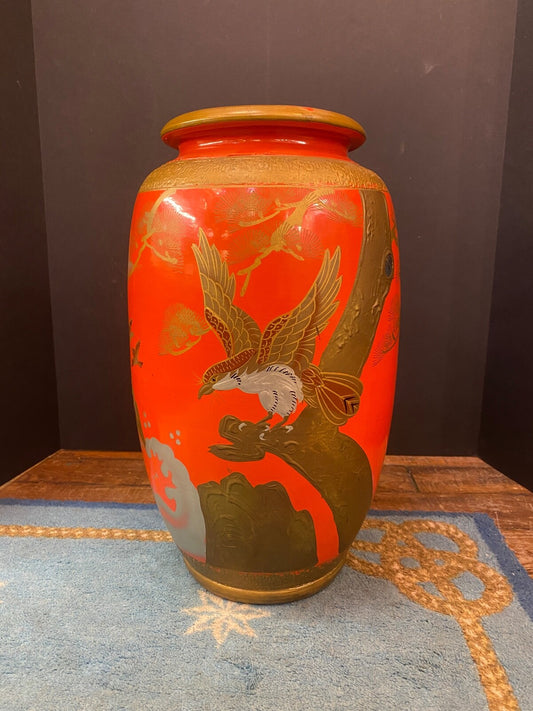 NORLEANS JAPAN 1920 Chinoiserie Cinnabar Style Mother of Pearl Color Orange Vase
