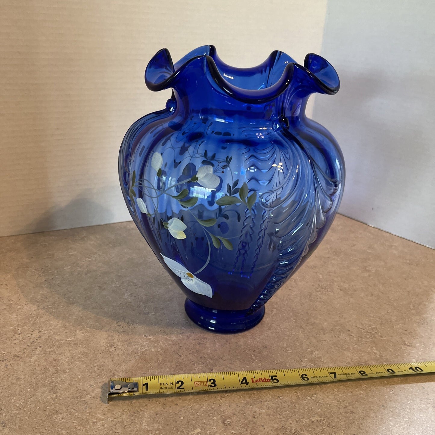 Fenton Glass Cobalt Blue Feathered Belly Vase Signed Shelly Fenton Hand Painted