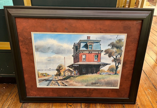 Vintage Randolph Bye 22" 27.5" Framed Watercolor Print Hopewell NJ Train Station