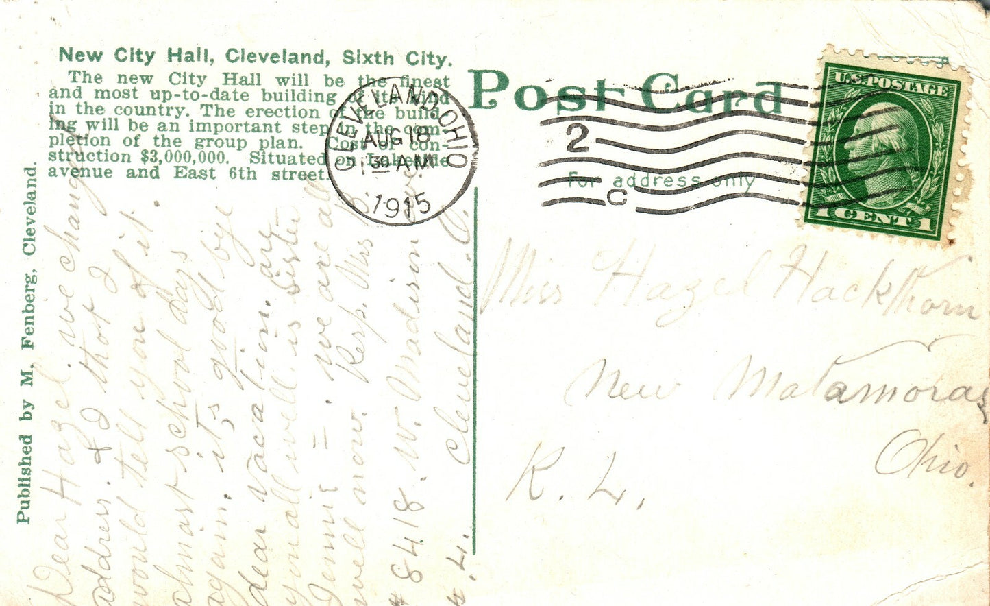 1915 New City Hall Cleveland OHIO OH Postcard