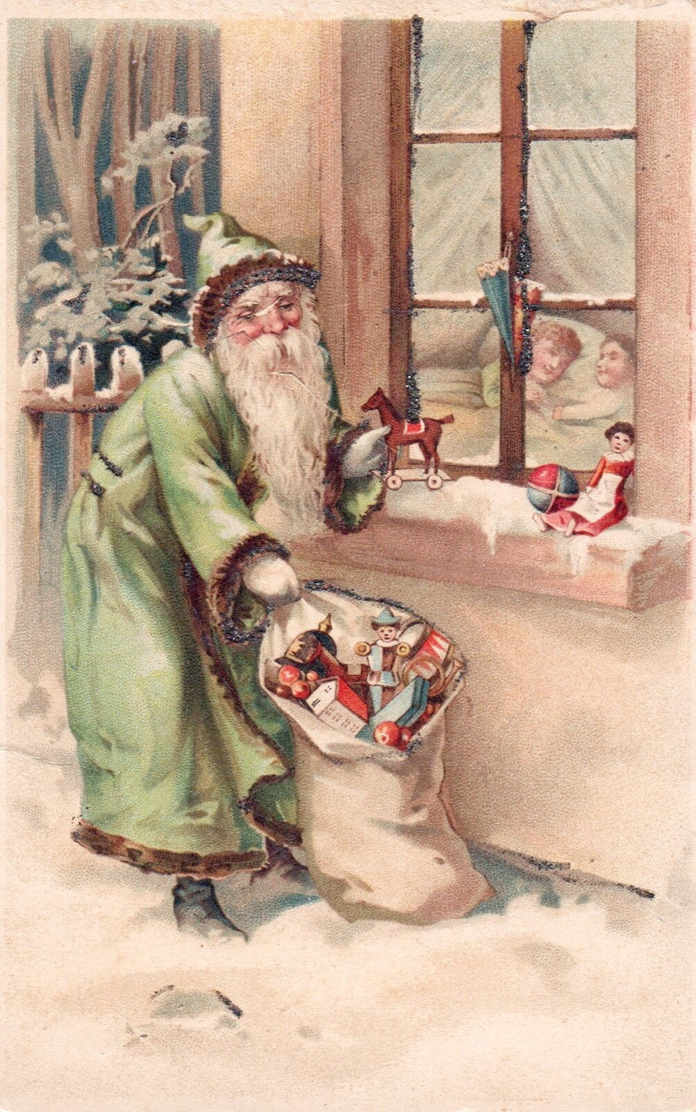 Green Robe Santa Delivering Toys to Children Vintage Santa Postcard