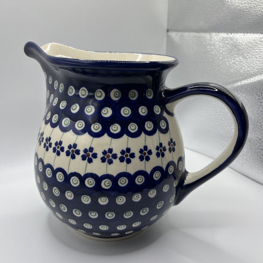 New Polish Pottery Boleslawiec Water Pitcher 6.5” High Blue Flower Authentic