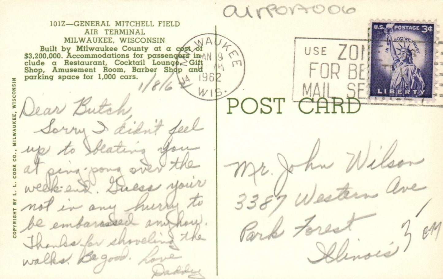 General Mitchell Field Air terminal Milwaukee Wisconsin Airport Postcard