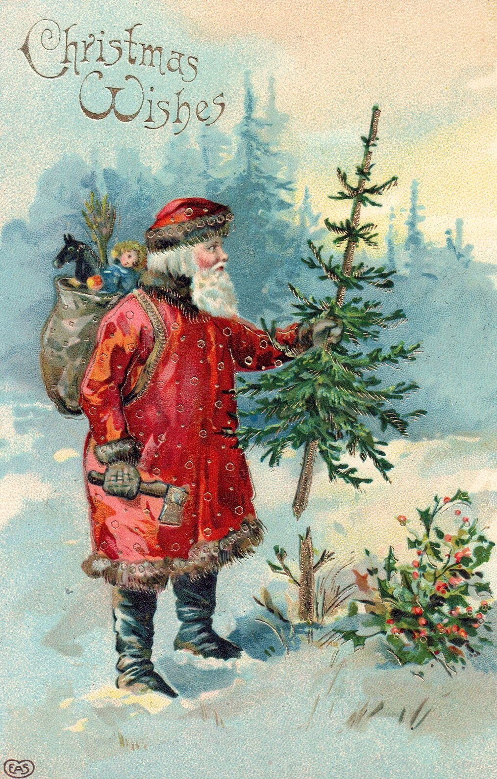 Christmas Wishes Santa Cutting Down Christmas Tree Gold Vintage Santa Postcard
