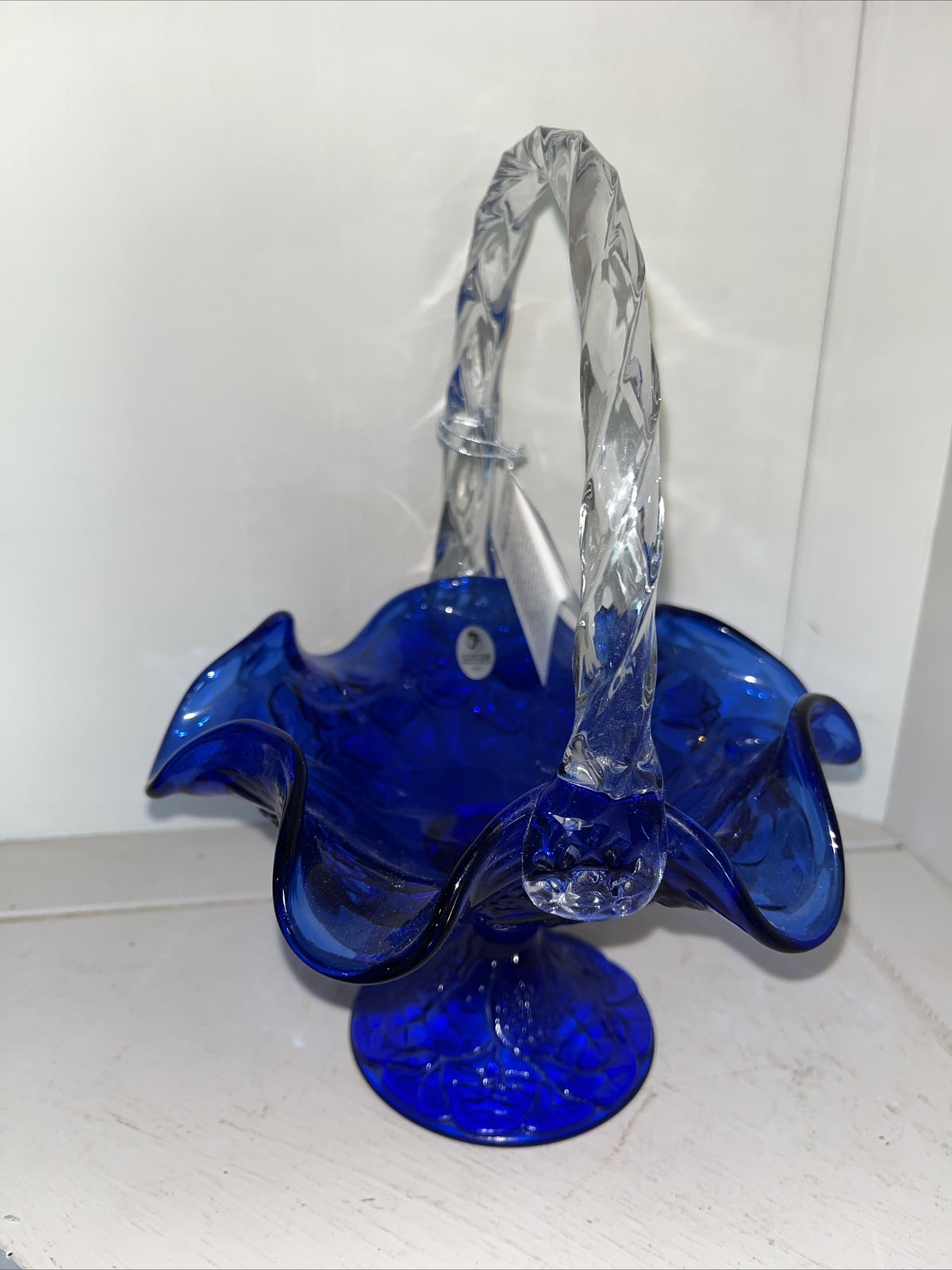  Fenton 95th Cobalt Blue Clear Handle embossed design basket with sticker