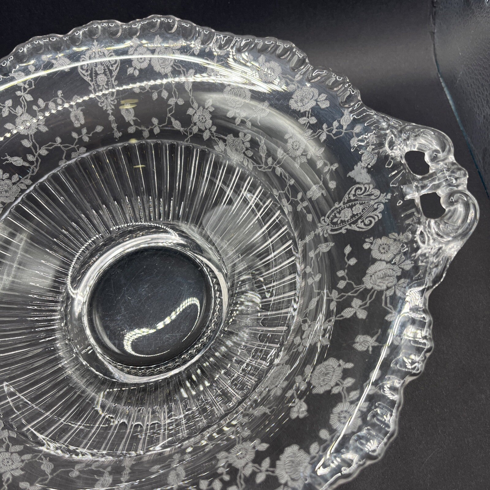 CAMBRIDGE GLASS CO  ROUND FOOTED CONSOLE BOWL - GRAY CUT FLORAL DECOR 10”