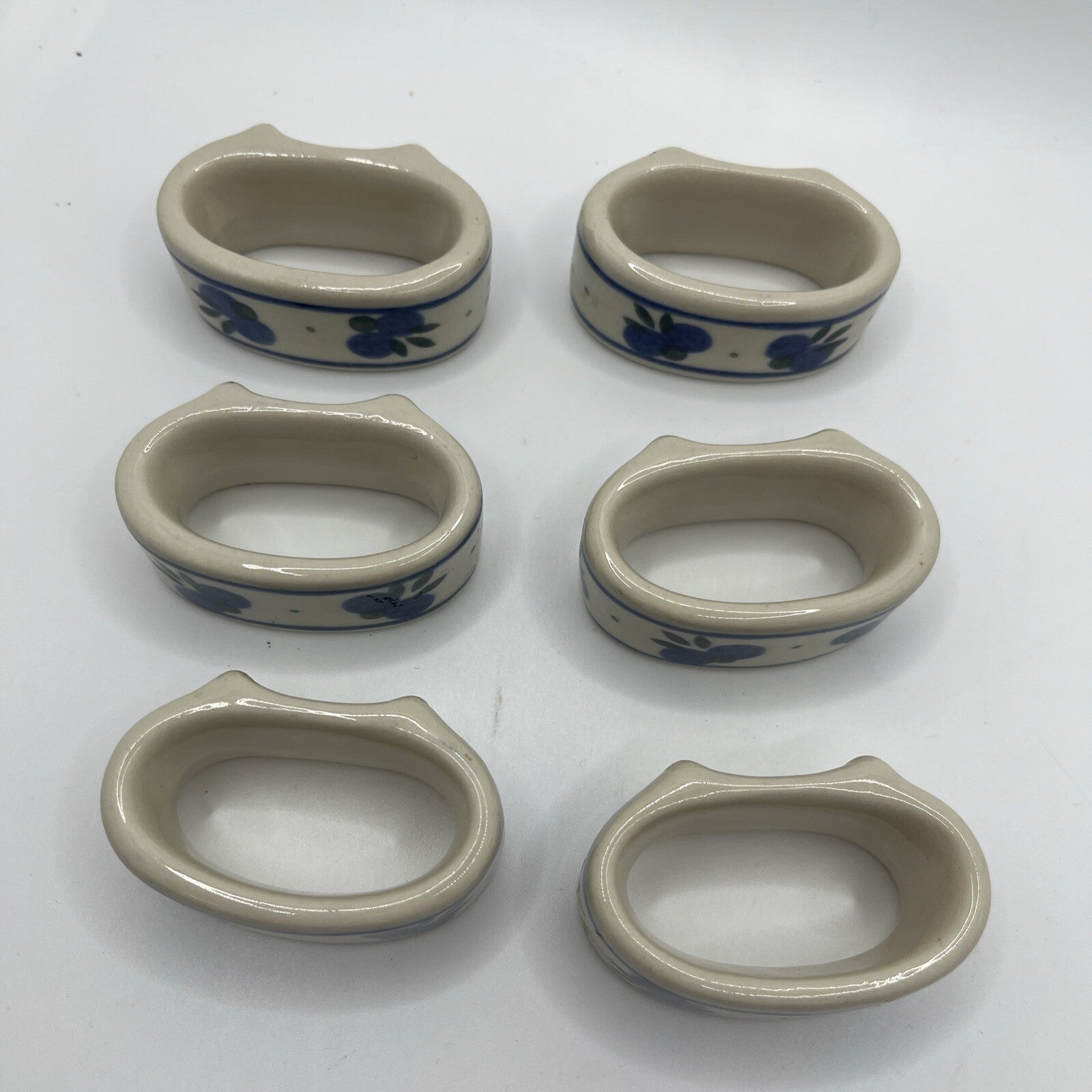 4 Polish Pottery Napkin Rings Hand Painted Floral Blue Cream Yellow
