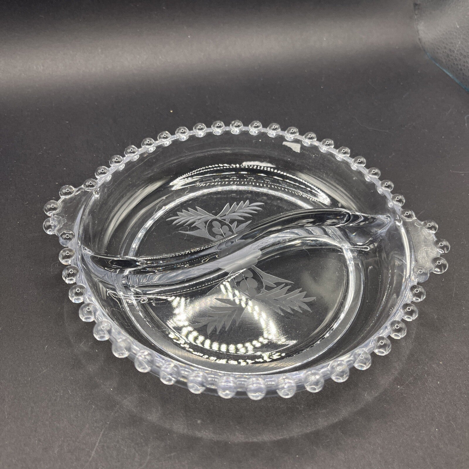 Vintage Antique Candlewick Glass Divided Dish Floral Pattern