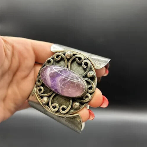 Vintage Hecho Mexico Sterling Silver 925 Amethyst Native Cuff Bracelet