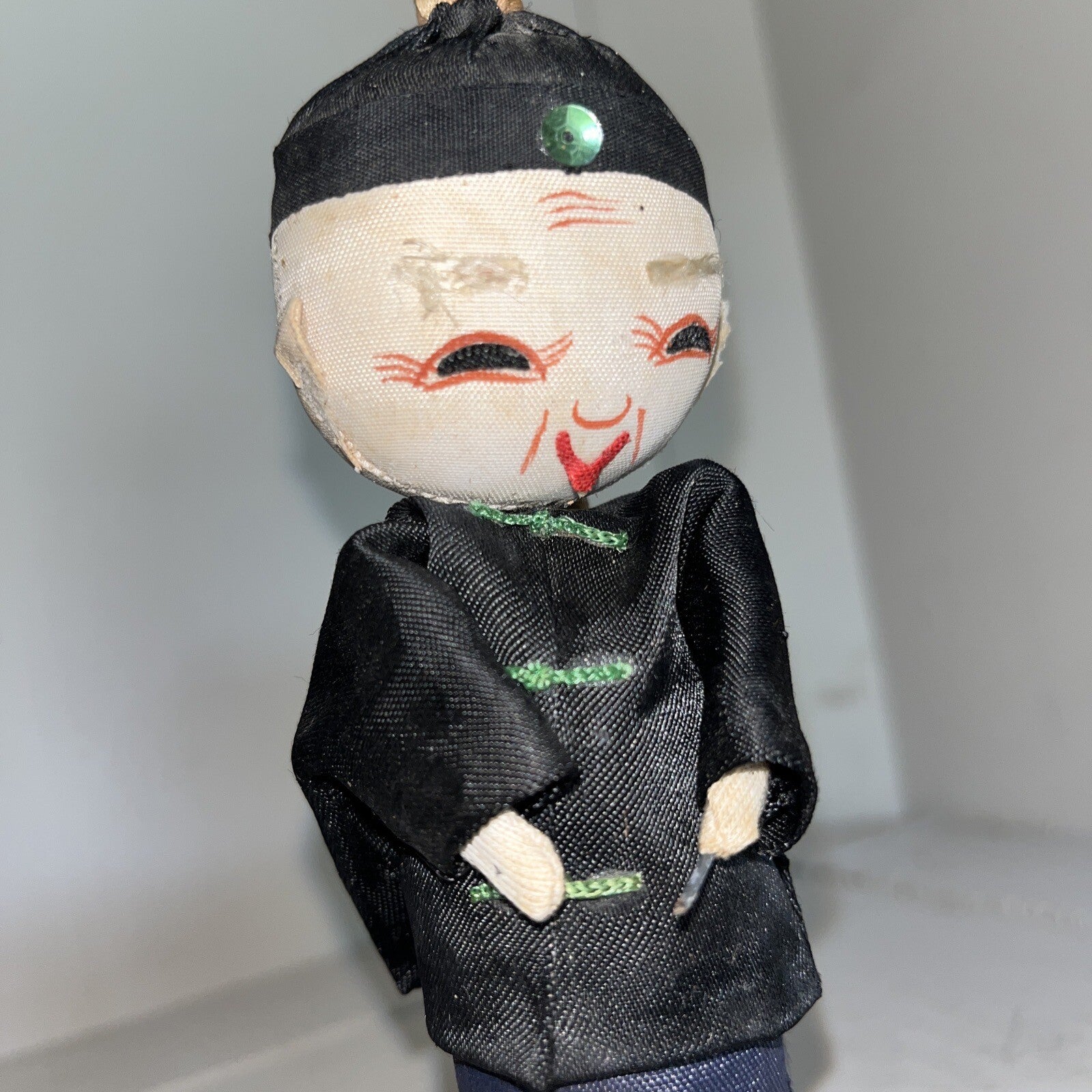 Vintage Asian Chinese Traditional Cloth Doll 6” Silk Hand Painted Black