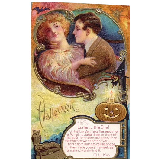 Romantic Man and Woman "Listen, Little One!" Vintage Halloween Postcard