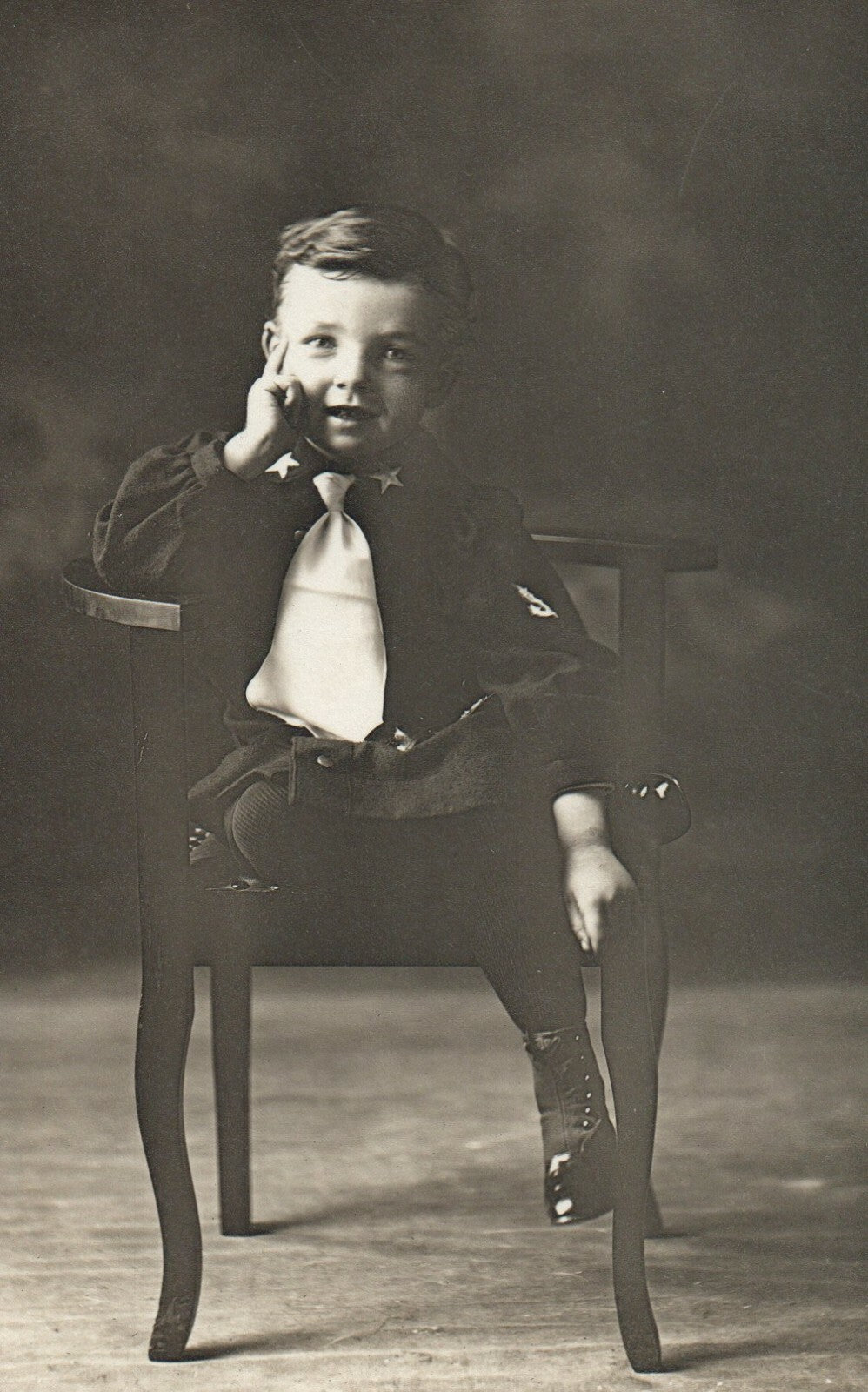 Real Photo Boy in Patriotic Outfit Stars on collar Vintage Postcard