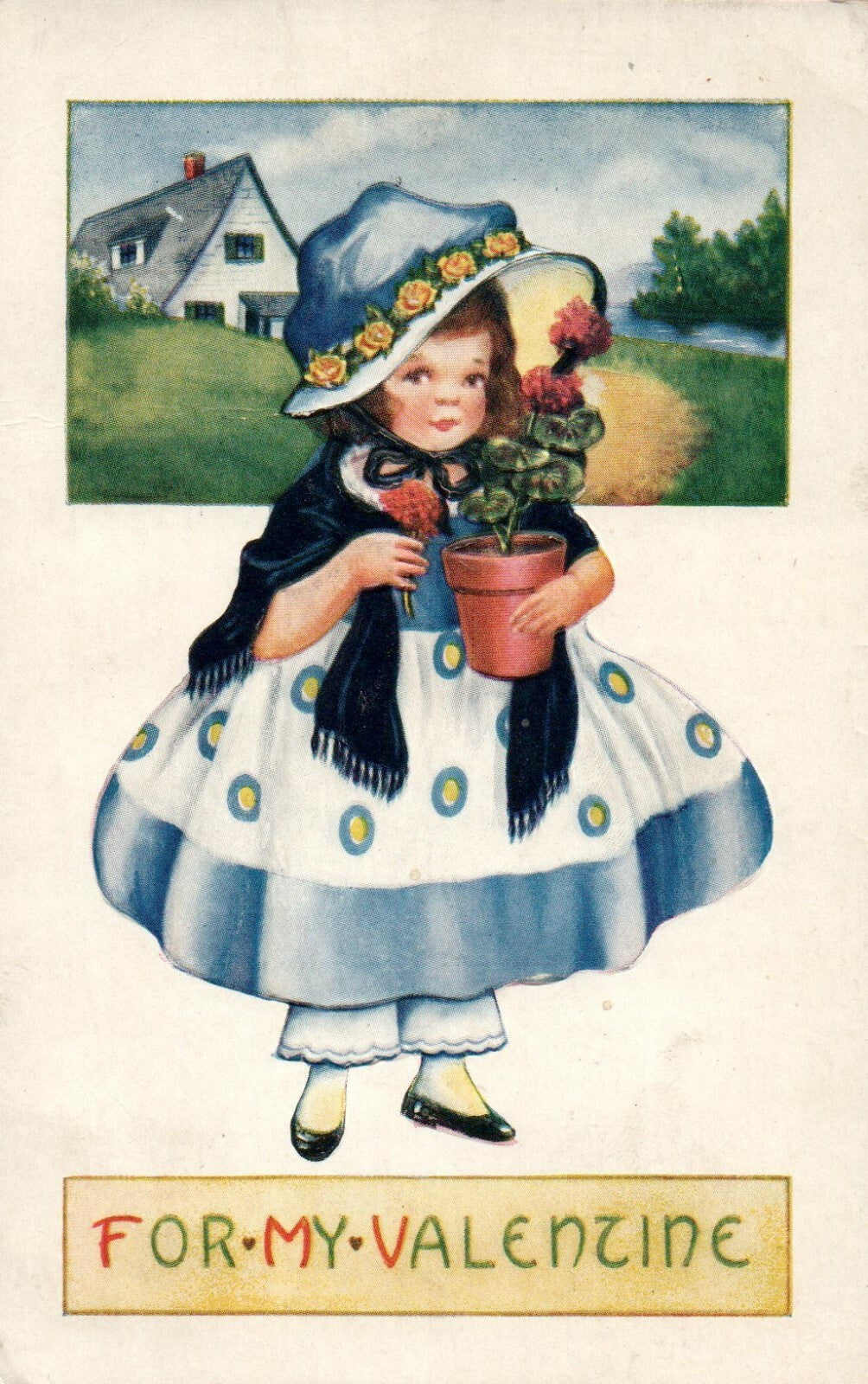 Little Girl In Big Blue Dress and Bonet Holding Flower Pot Greetings Postcard