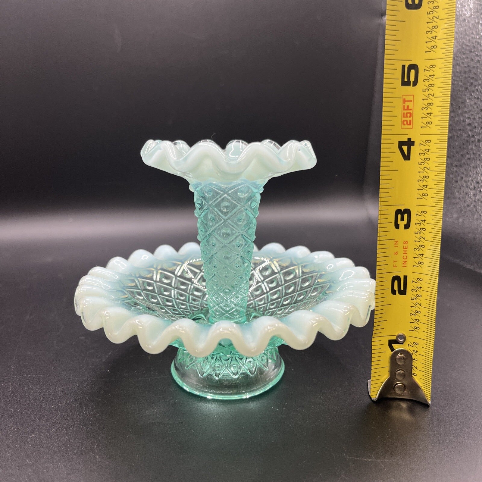 Vintage Fenton Blue/green  Opalescent Epergne Vase 1940s Hobnail Horned Vase