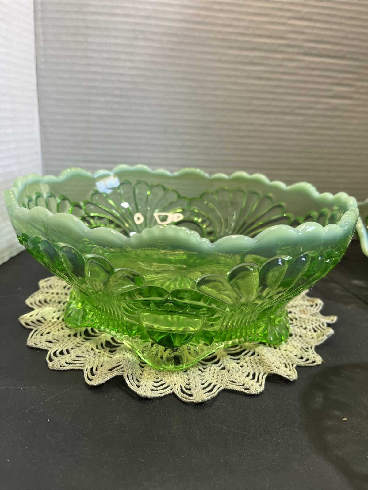 Antique Jefferson Glass 1907 Tokyo Green Opalescent Large, Med & 5 Small Bowls