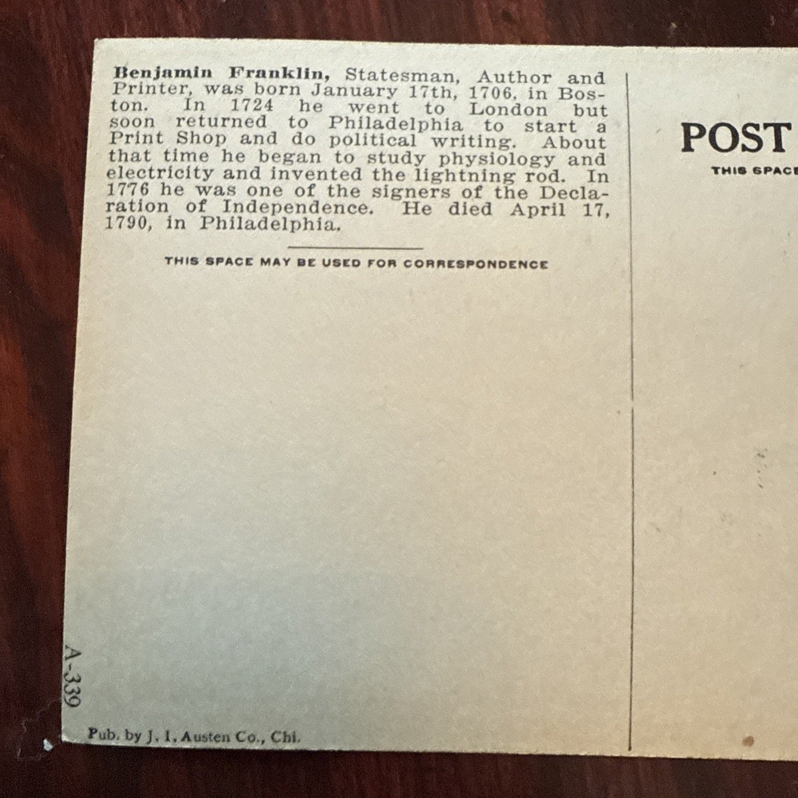 Benjamin Franklin J I Austen Postcard PEGASUS Arts Theater Writing 1910's Scarce