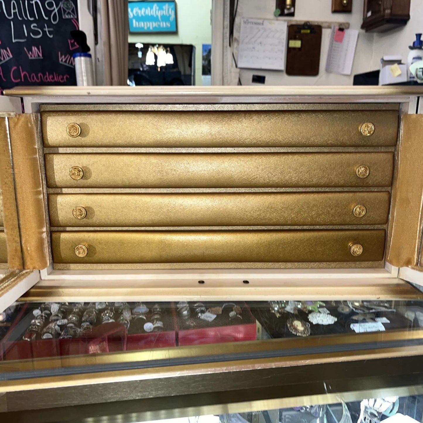 RARE VTG Gold Hollywood Regency Style Mirrors,4 Drawer Velvet lined Jewelry Box