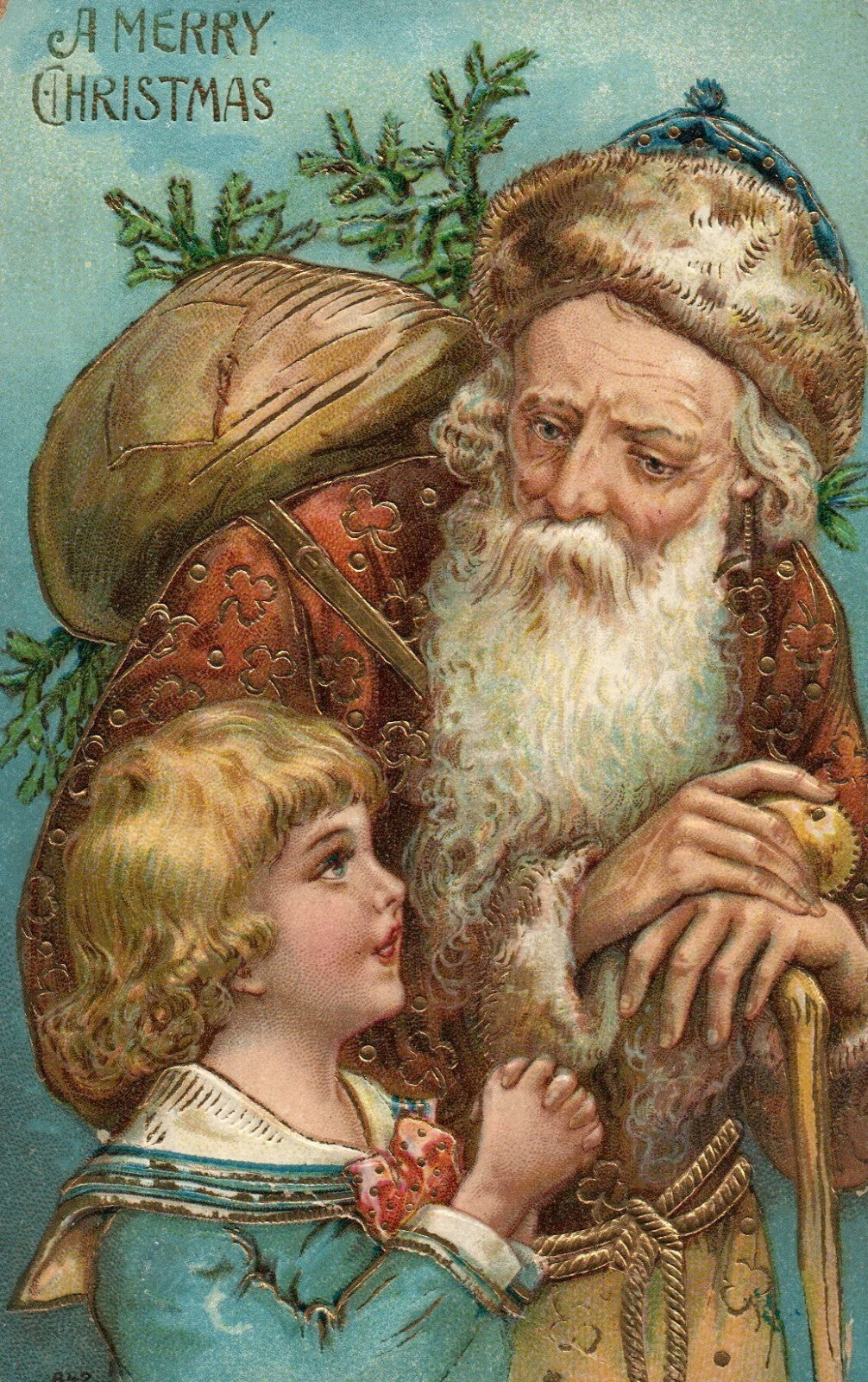 Old World Santa Claus Christmas Postcard with child Gold Gilt postcard