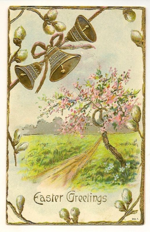 Easter Greeting Spring tree blossoms Gold gilt Bells
