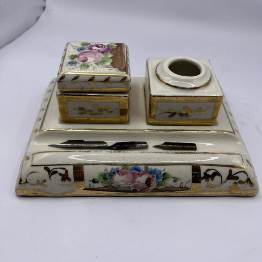 Lovely Victorian Antique Porcelain Floral Inkwell & Fountain Pen Gold Paint