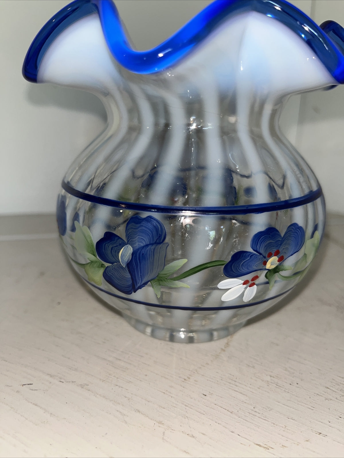 Fenton Spiral Optic Opalescent Glass Blue Crest Hand Painted Floral 4 1/2" Vase