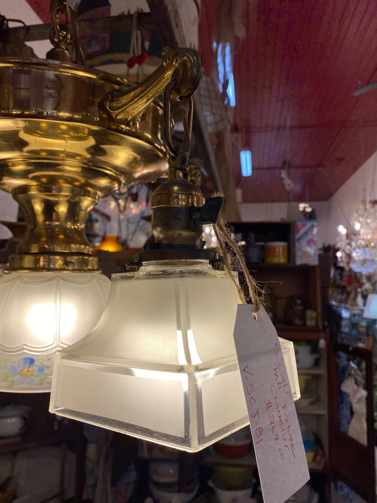 Hand Painted Blue Flower Pan Fixture Chandelier 5 Light 