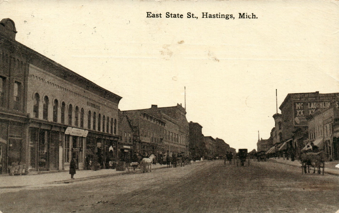 East State St. Hastings MI MICH Michigan Postcard Horse Trollies 