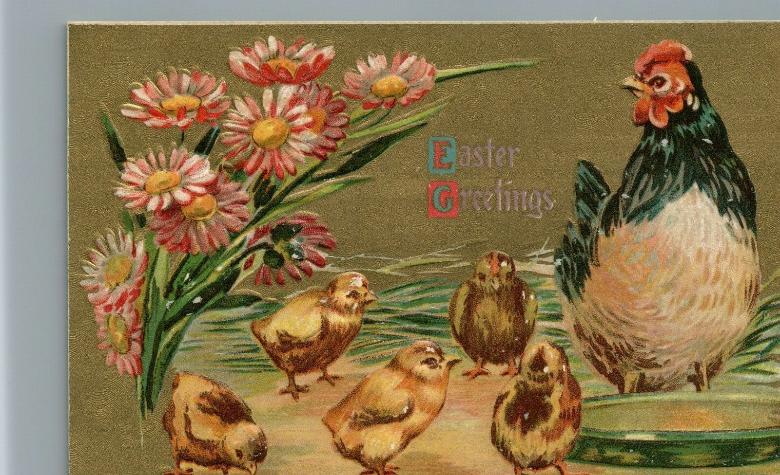 Embossed Easter Greeting Hen with Chicks Coneflower vintage postcard