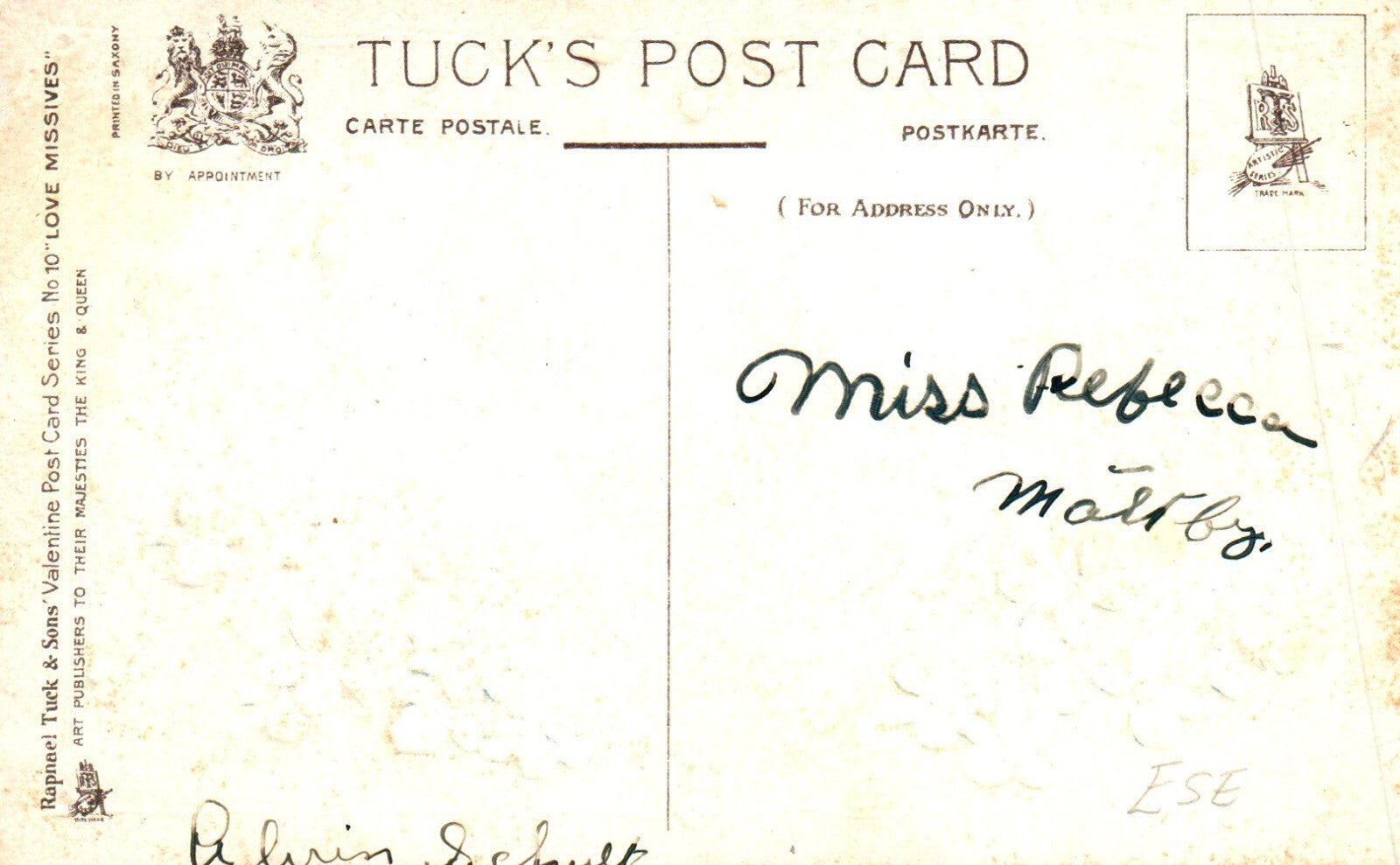 Tuck Series NO 10 Love Missives Hearts Desire Vintage Valentine Postcard Lady