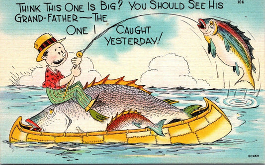 Man Sitting on Giant Fish in Canoe Catching A Fish Fishing Comic 60469 Postcard