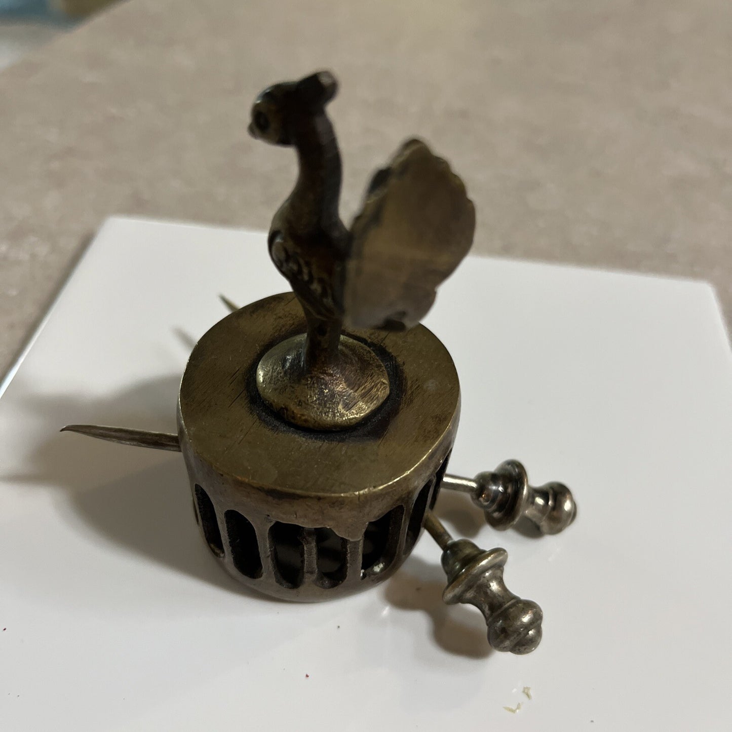 Vintage India Brass Peacock Figure Foot Scrubber 3" Tall x 1-1/2"