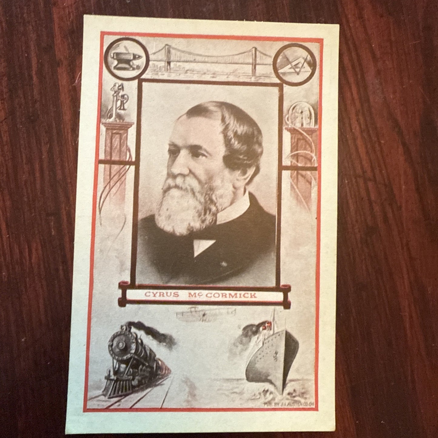 Cyrus McCormick by J I Austen Postcard Anvil Ship Plane Train c1910's *Scarce