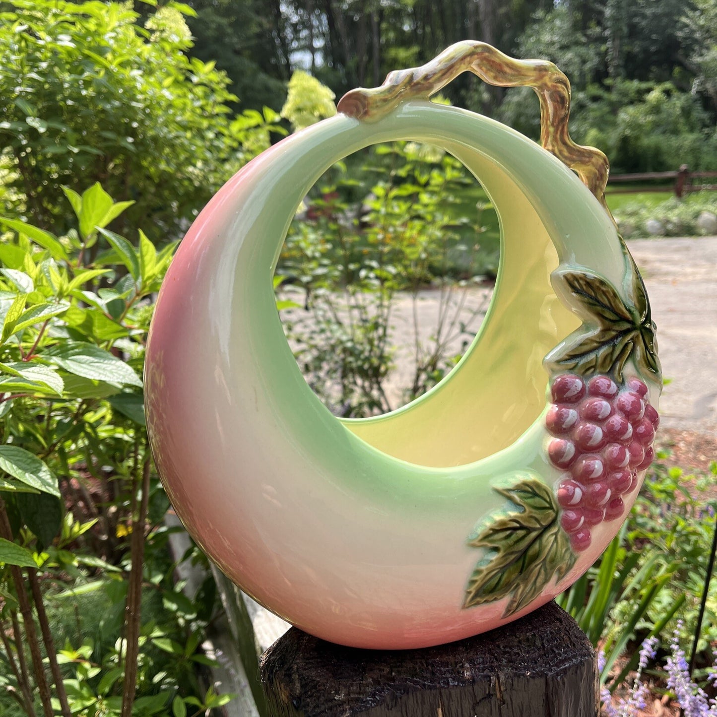 Pottery Tokay Vintage USA  Planter Napkin Fruit Holder Pink Grapes Vine Handle