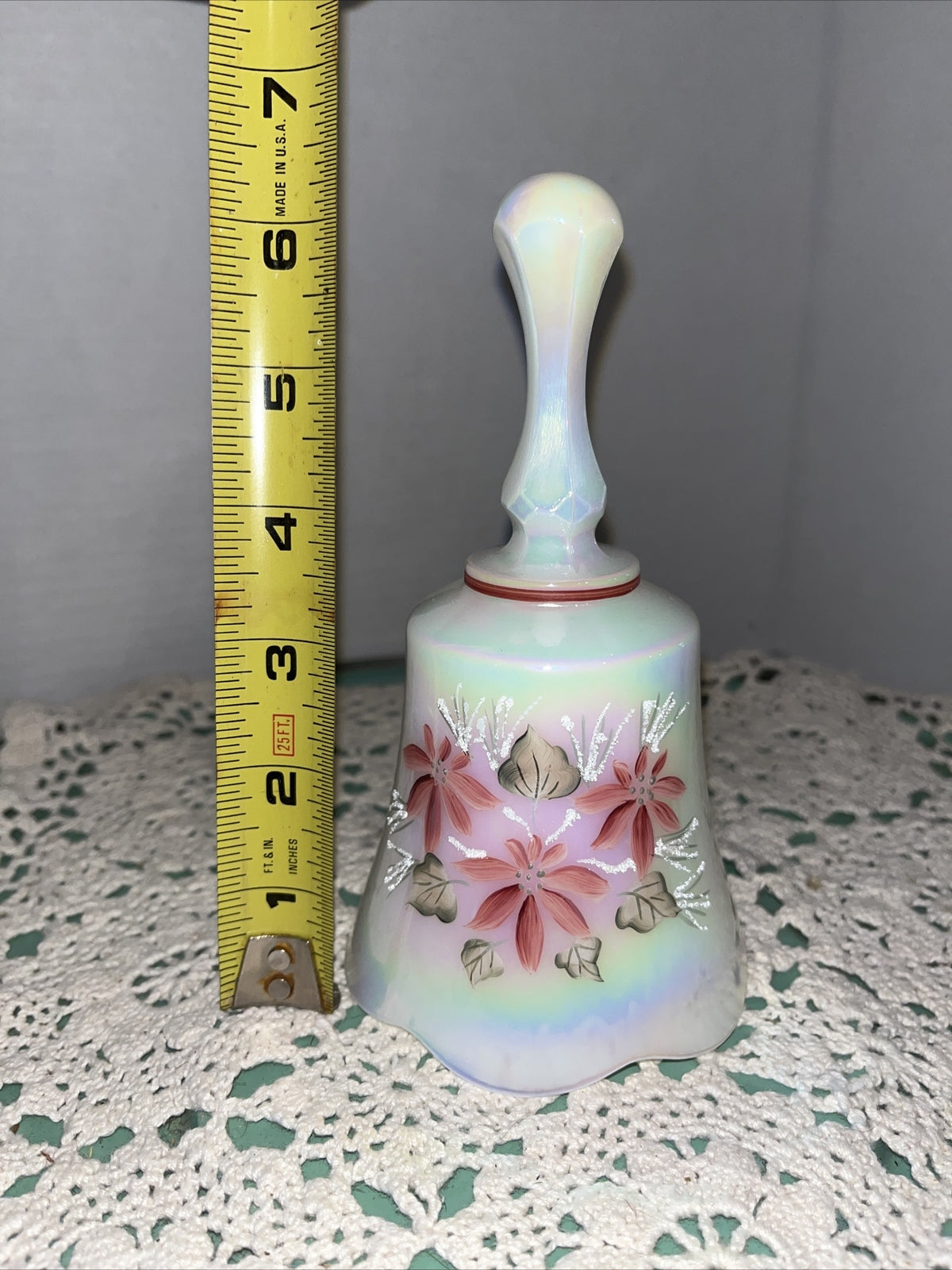 Vintage Fenton Hand Painted Iridescent Opaline Bell Signed