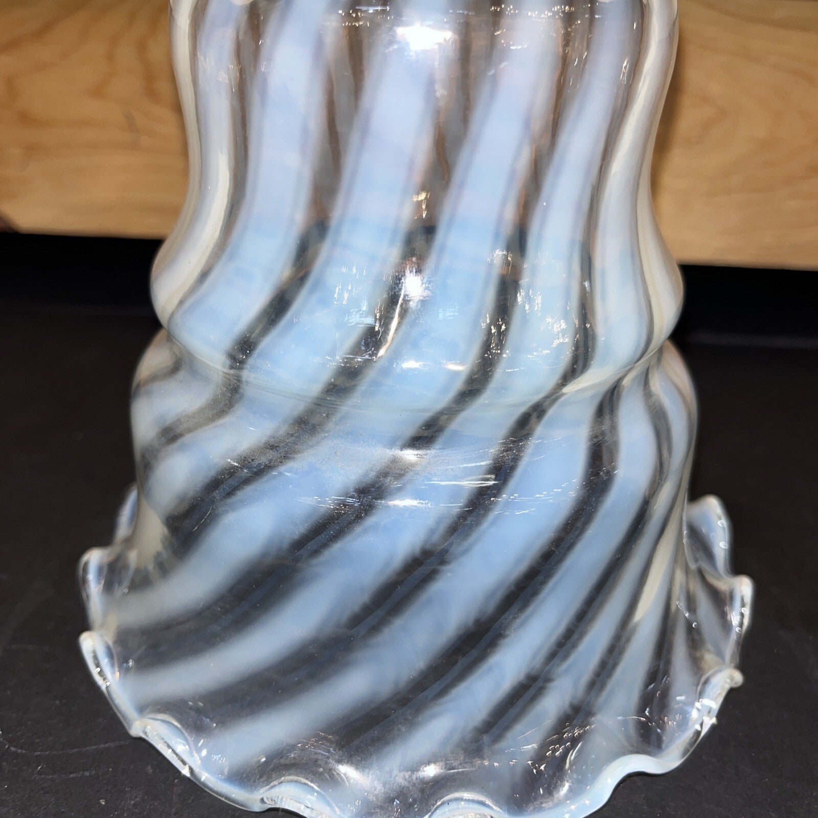 Fenton Handblown Opalescent Swirl Glass Ruffled Edge Lamp Shade White 6"