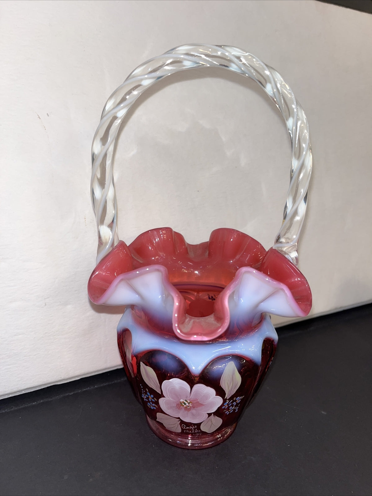 Fenton Art Glass Cranberry Opalescent Open Heart Arches Basket Signed & HP
