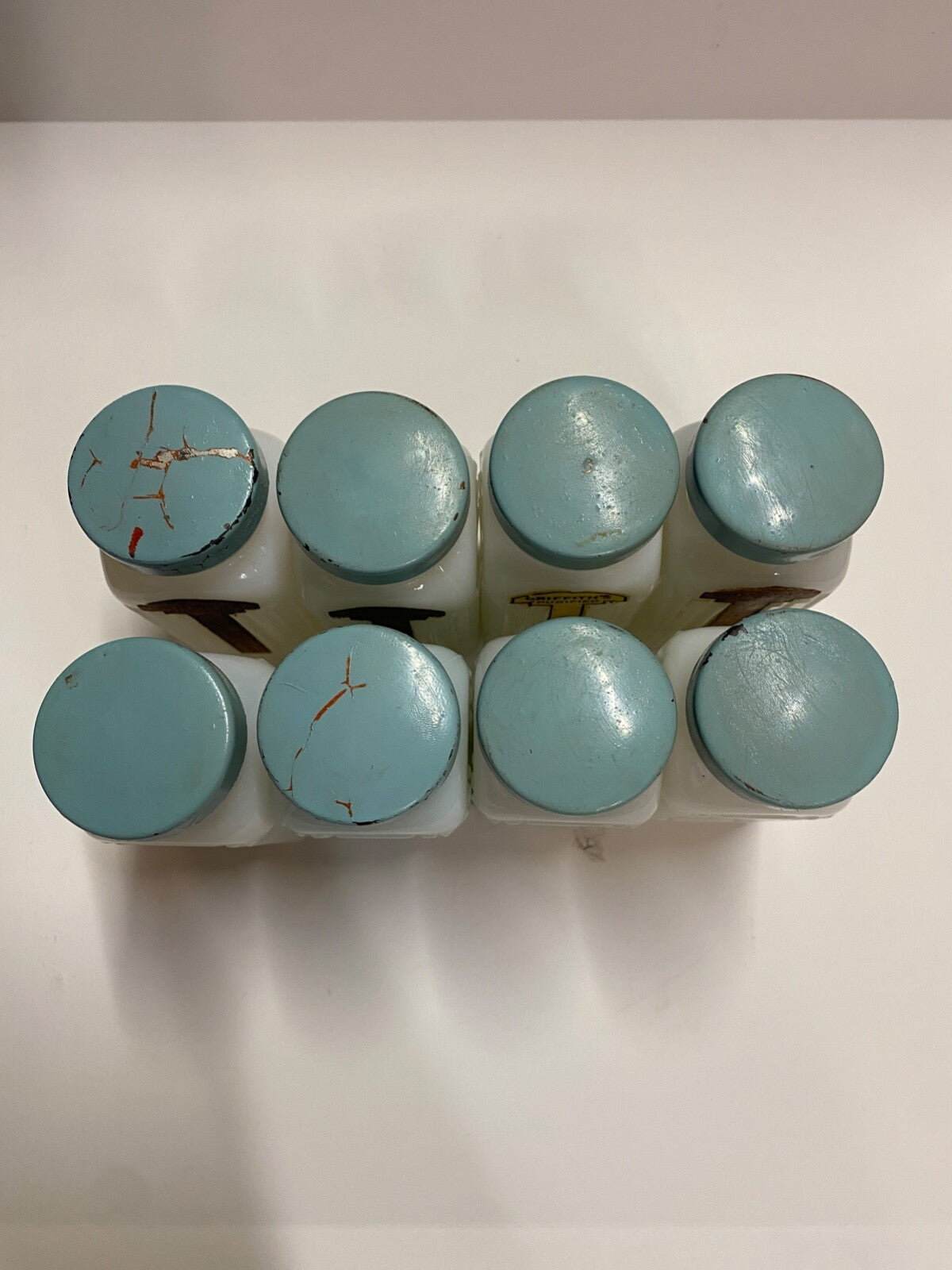 Vintage Griffith's Mid-Century Milk Glass Spice Jar Set of 8 Sage Blue/Green Lid