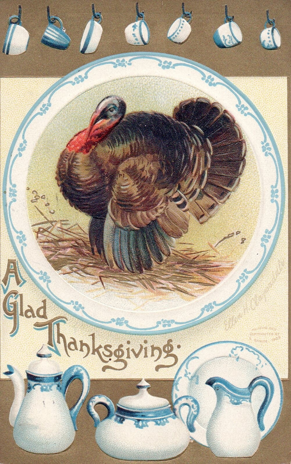 Clapsaddle A Glad Thanksgiving Turkey with Pot Pans & Dishes Vintage Postcard