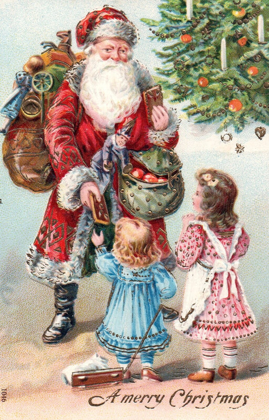 A Merry Christmas Santa Giving Gifts to Children Vintage Santa Postcard