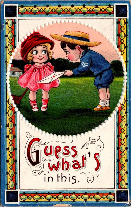 Guess What's In This Boy Blue Handing Letter to Girl Pink Series 7118 Postcard