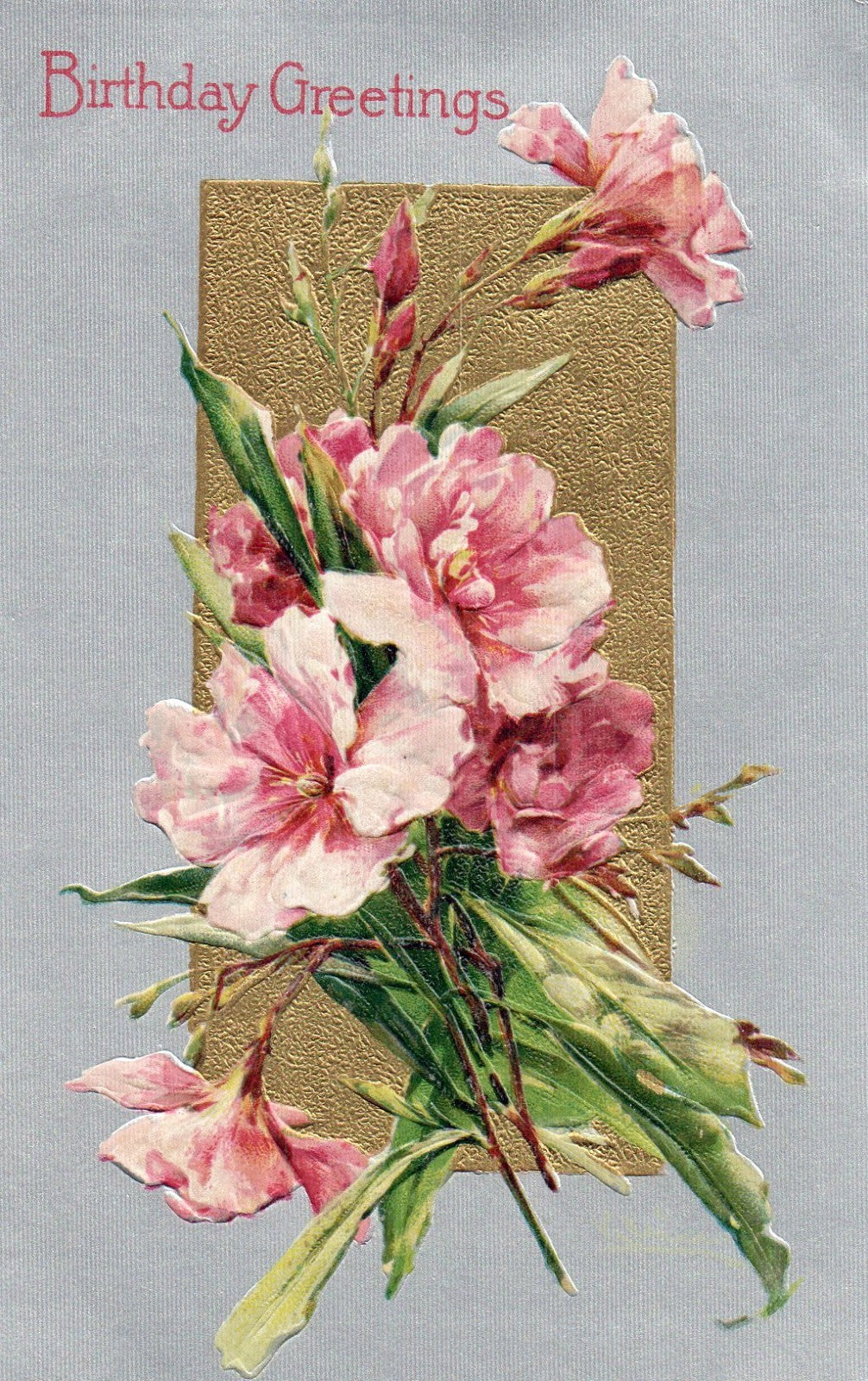 Artist Signed Catherine Klein Embossed Birthday Greeting Pink Flowers
