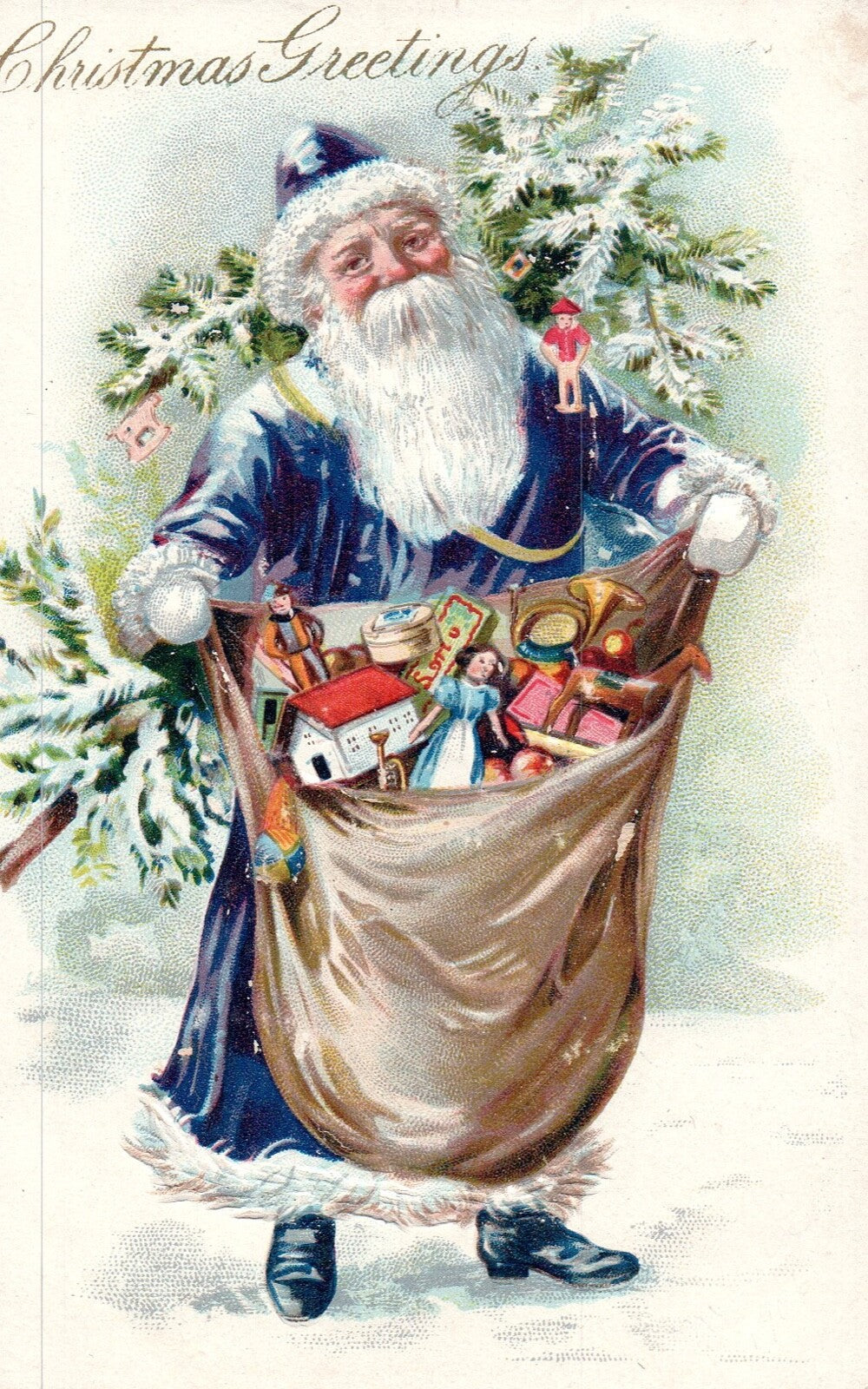 Christmas Greetings Blue Coat Santa with His Bag of Toys Santa Postcard