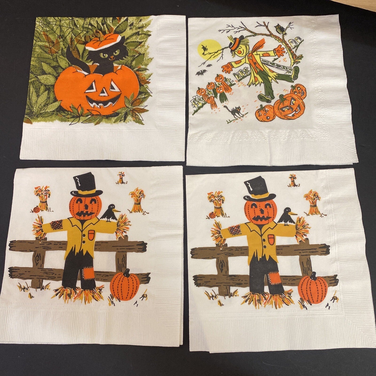 Vintage Orange HALLOWEEN PAPER NAPKIN Lot of 4 ALL WITCHES, Black cats, J.O.L