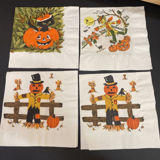 Vintage Orange HALLOWEEN PAPER NAPKIN Lot of 4 ALL WITCHES, Black cats, J.O.L
