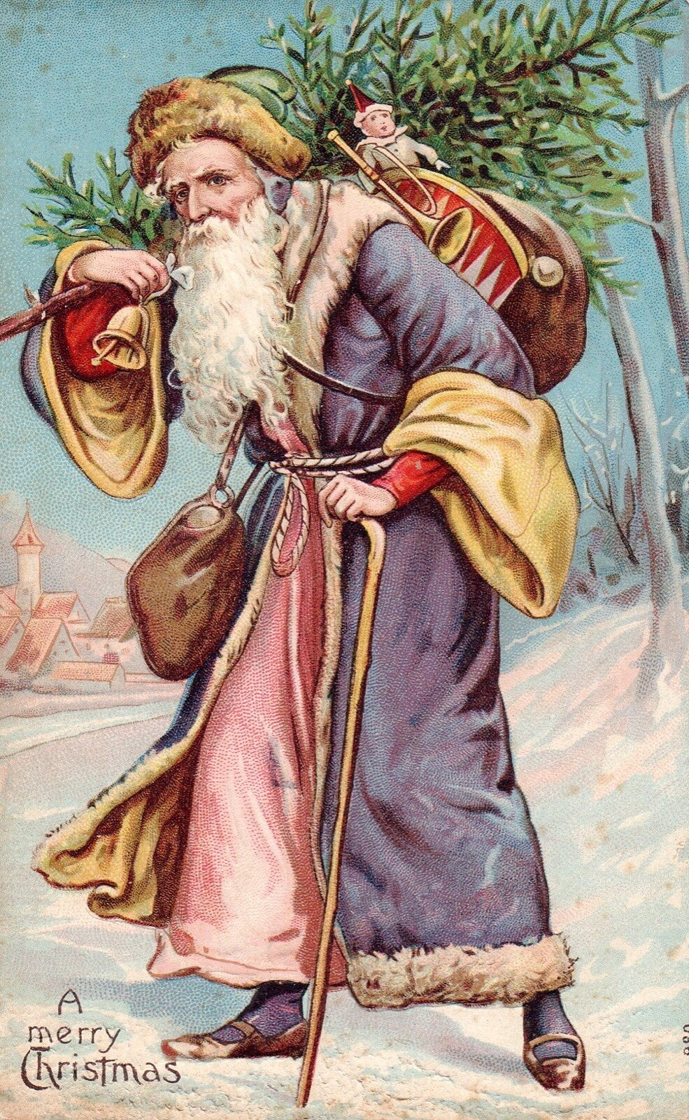 A Merry Christmas Purple Santa w/ Toys on Back & Tree Santa Postcard DAMAGED