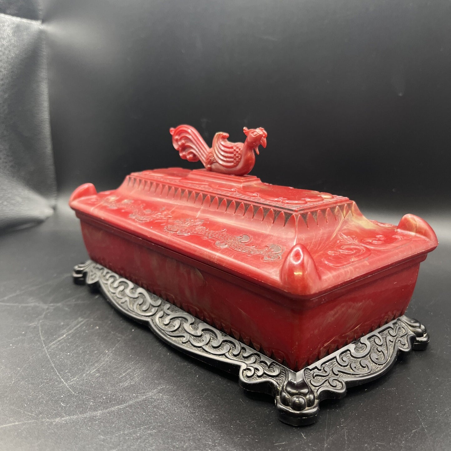 1940s Vintage Asian Red Dragon Celluloid Trinket Jewelry Box 