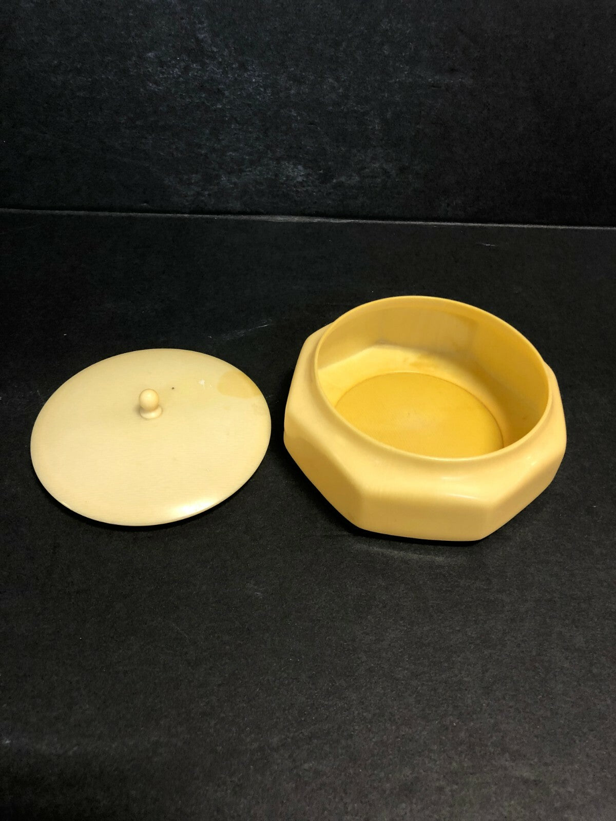 3 Piece Vanity Set Yellow Celluloid Hair Receiver Powder and Containers 