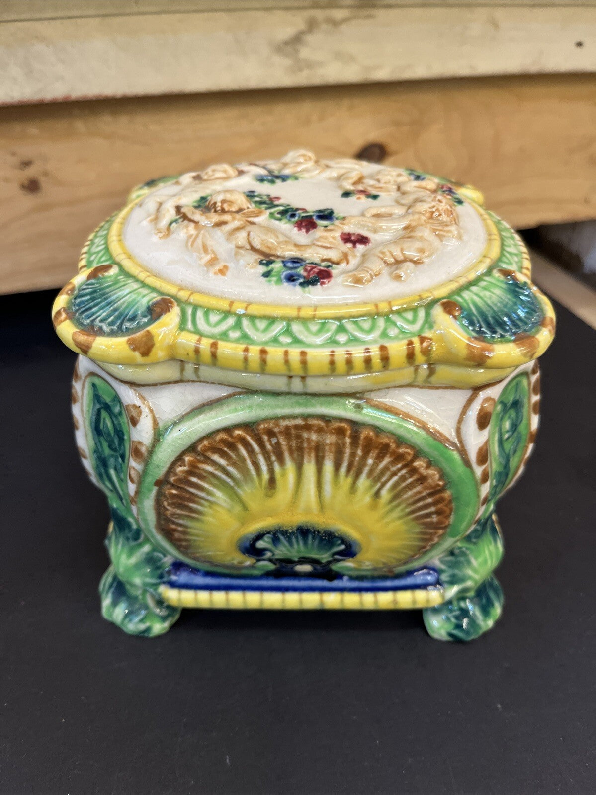 Vintage 50s Japanese Trinket Box Majolica Maruhon Ware Bonboniere Lidded Jewelry