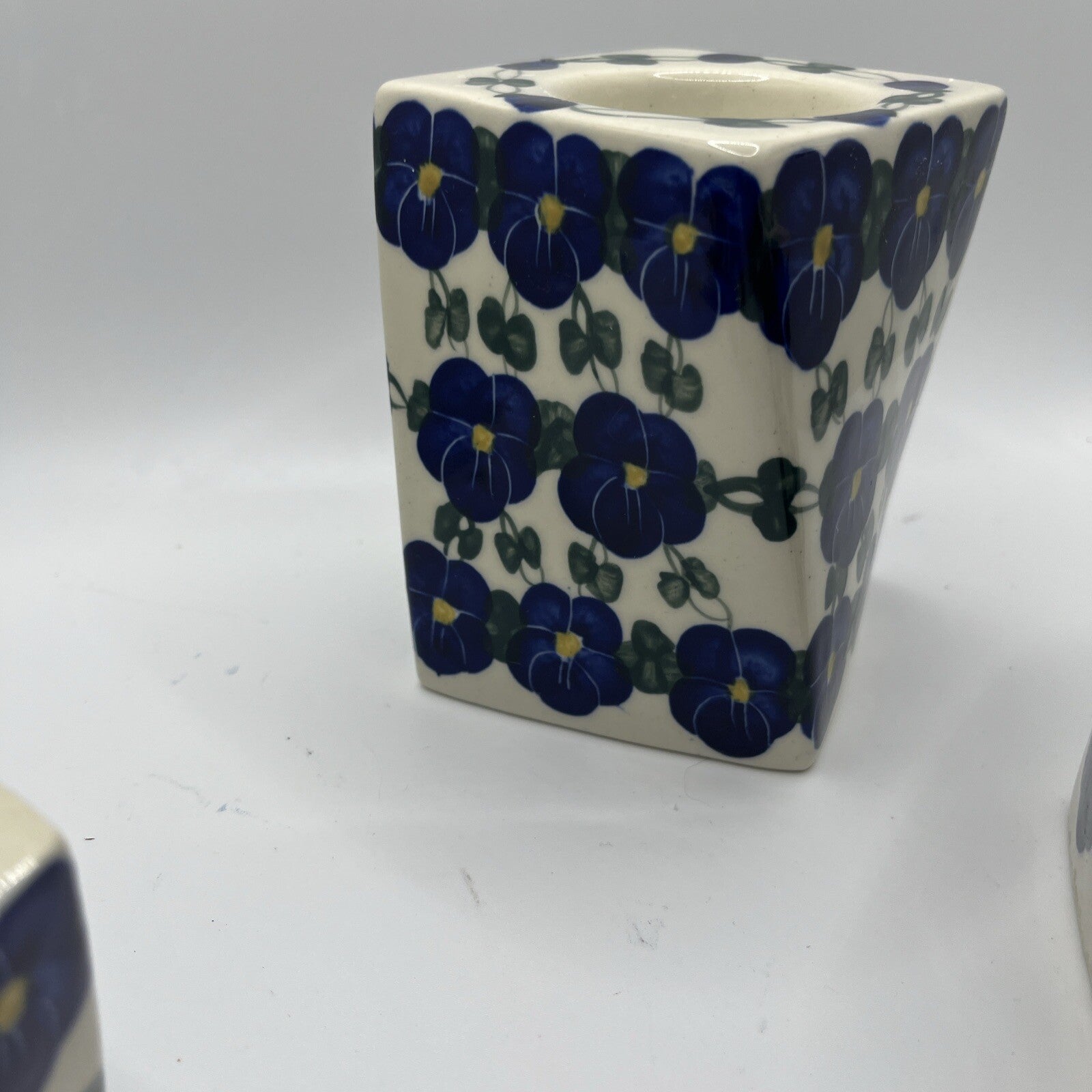 Polish Pottery Candle Holders Wild Blueberry Artistic Ceramics Set Of 3