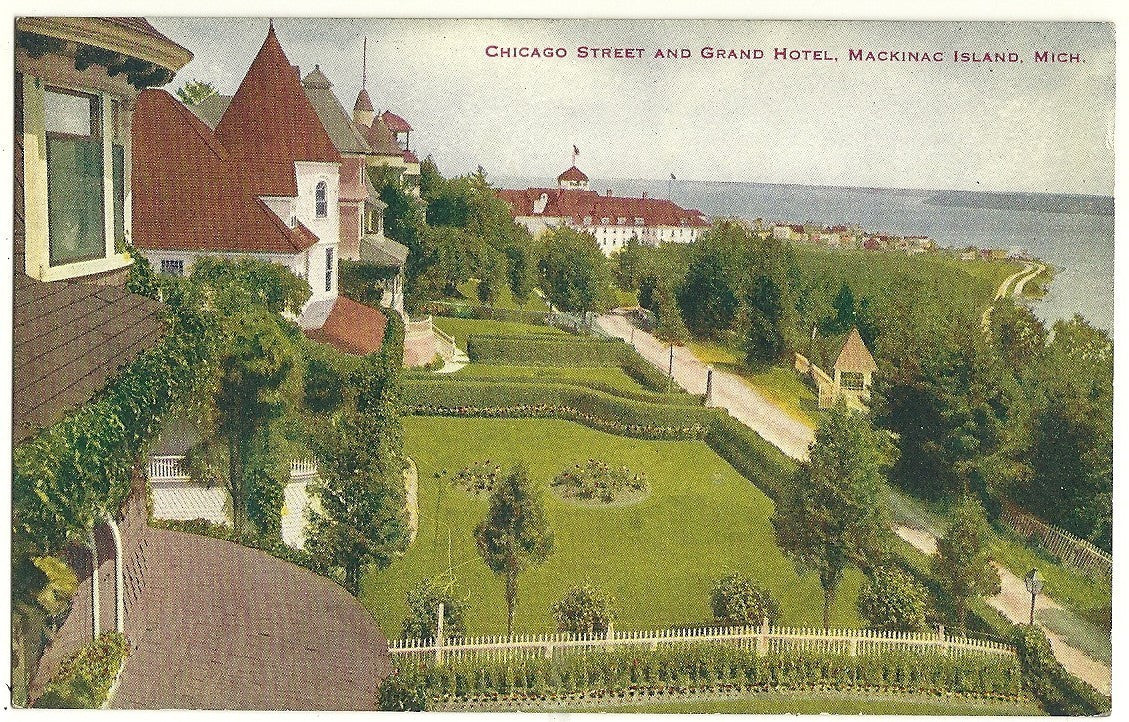 Chicago Street and grand Hotel Mackinac Island MI Michigan  Postcard